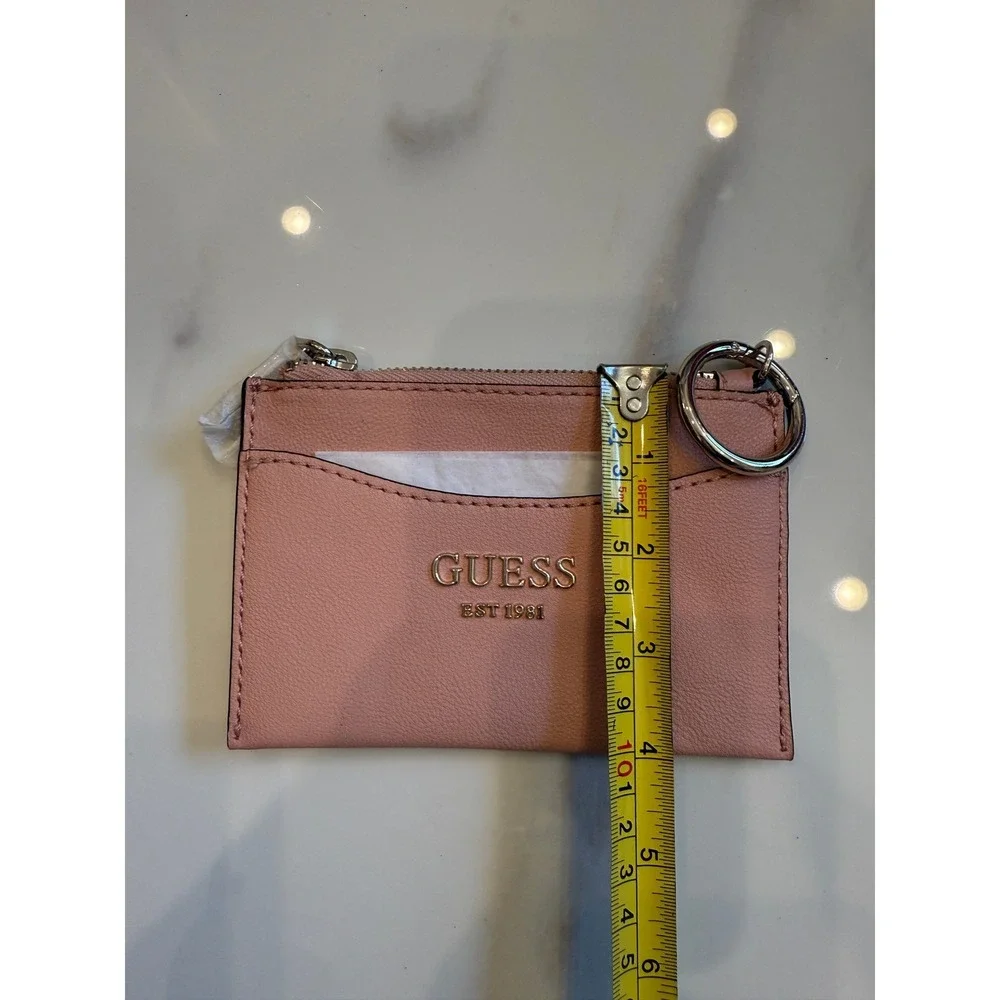 Guess Est 1981 Pink Faux Leather Zip Card Holder Wallet with Key Ring New